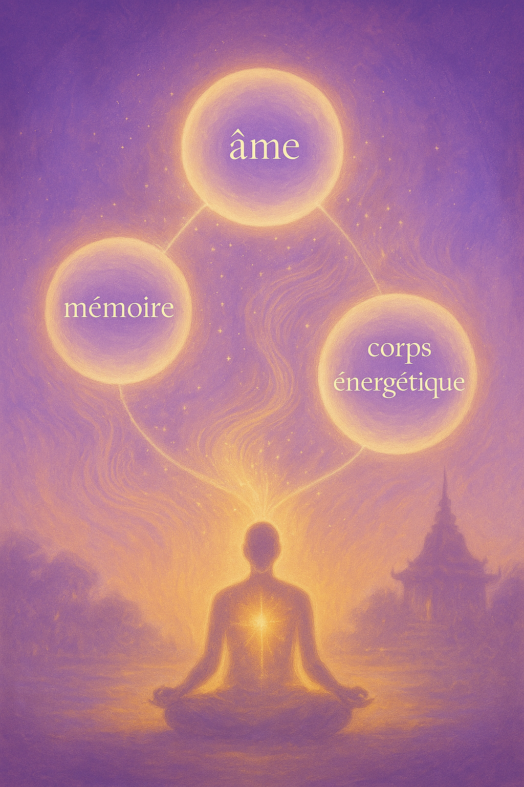 Illustration symbolique montrant le lien entre l’intelligence émotionnelle, la mémoire cellulaire, l’âme et le corps énergétique.