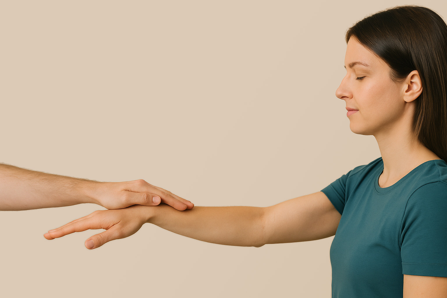Une praticienne effectue un test musculaire sur l'avant-bras d'une femme, dans le cadre d'une séance de kinésiologie pour libération émotionnelle.