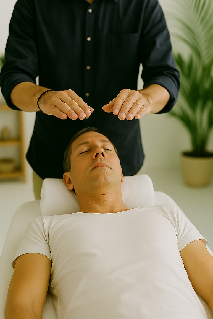 Homme recevant un soin énergétique allongé sur une table de massage.