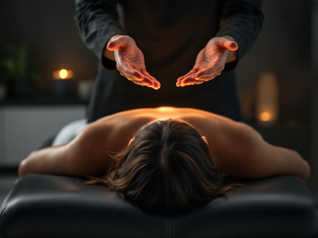 Homme recevant un soin énergétique sur table de massage noire.