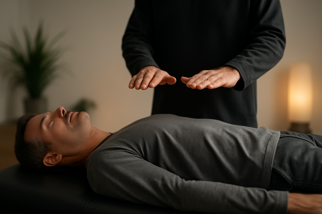Thérapeute donnant un soin énergétique à un patient allongé pour le soulager de son stress ventrale. Le thérapeute agit sur le plexus solaire du patient.