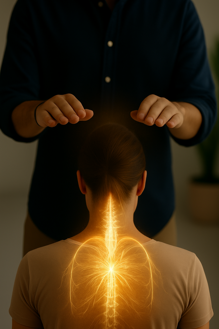 Soin de reboutement doux appliqué sur le bas du dos pour soulager une douleur lombaire, selon la méthode BM Reboutement®