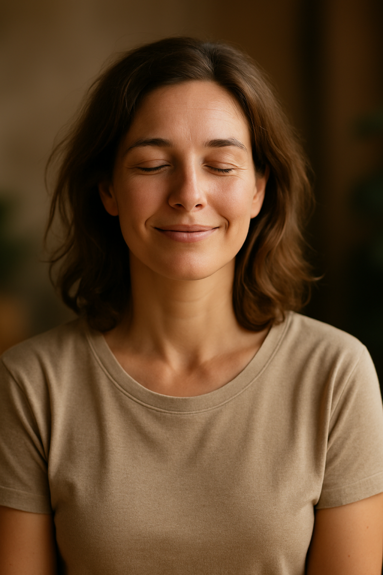 Femme apaisée après une séance de soins holistiques chez Mayongo, pour illustrer la libération du stress et des tensions.