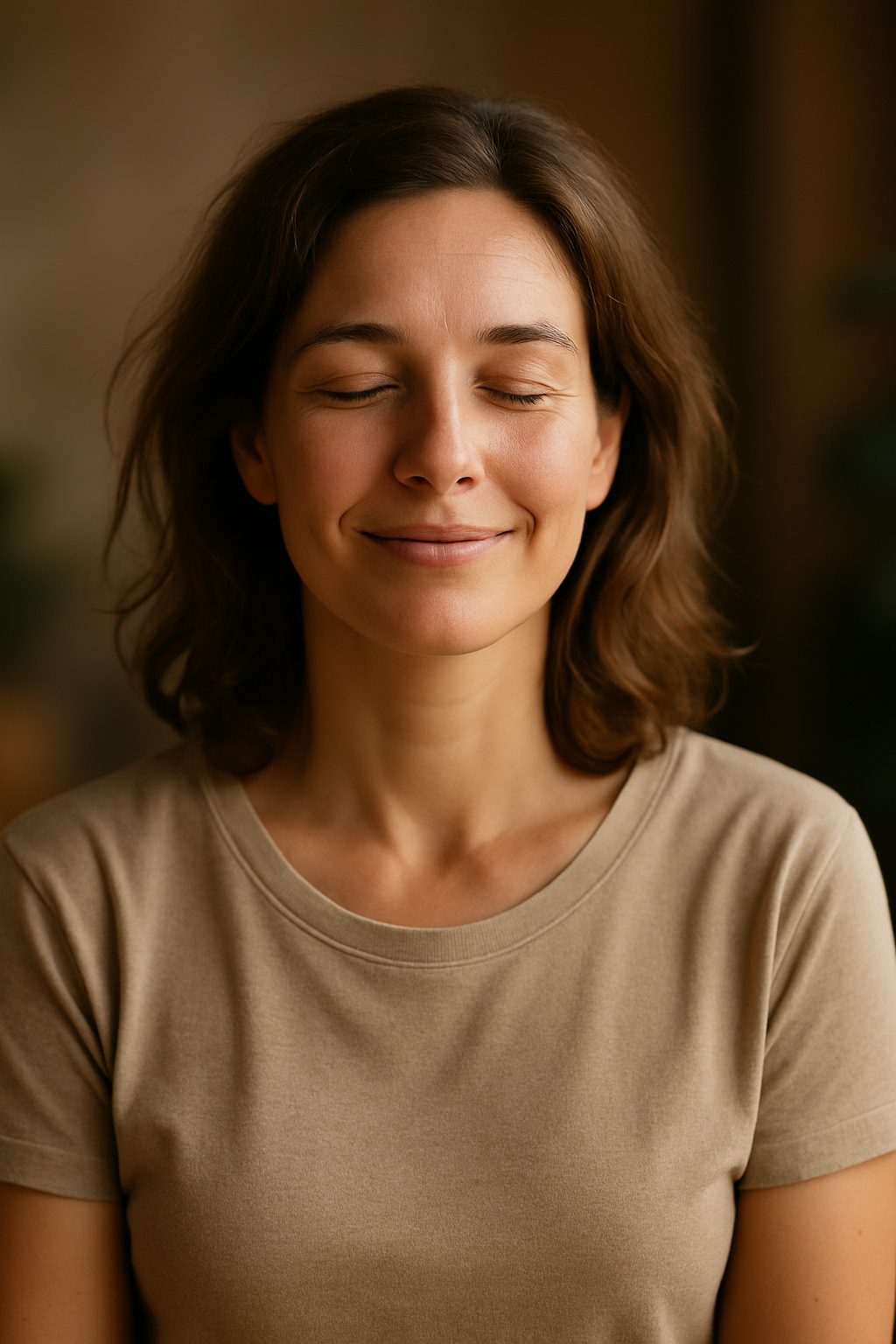 Femme apaisée après une séance de soins holistiques chez Mayongo, pour illustrer la libération du stress et des tensions.