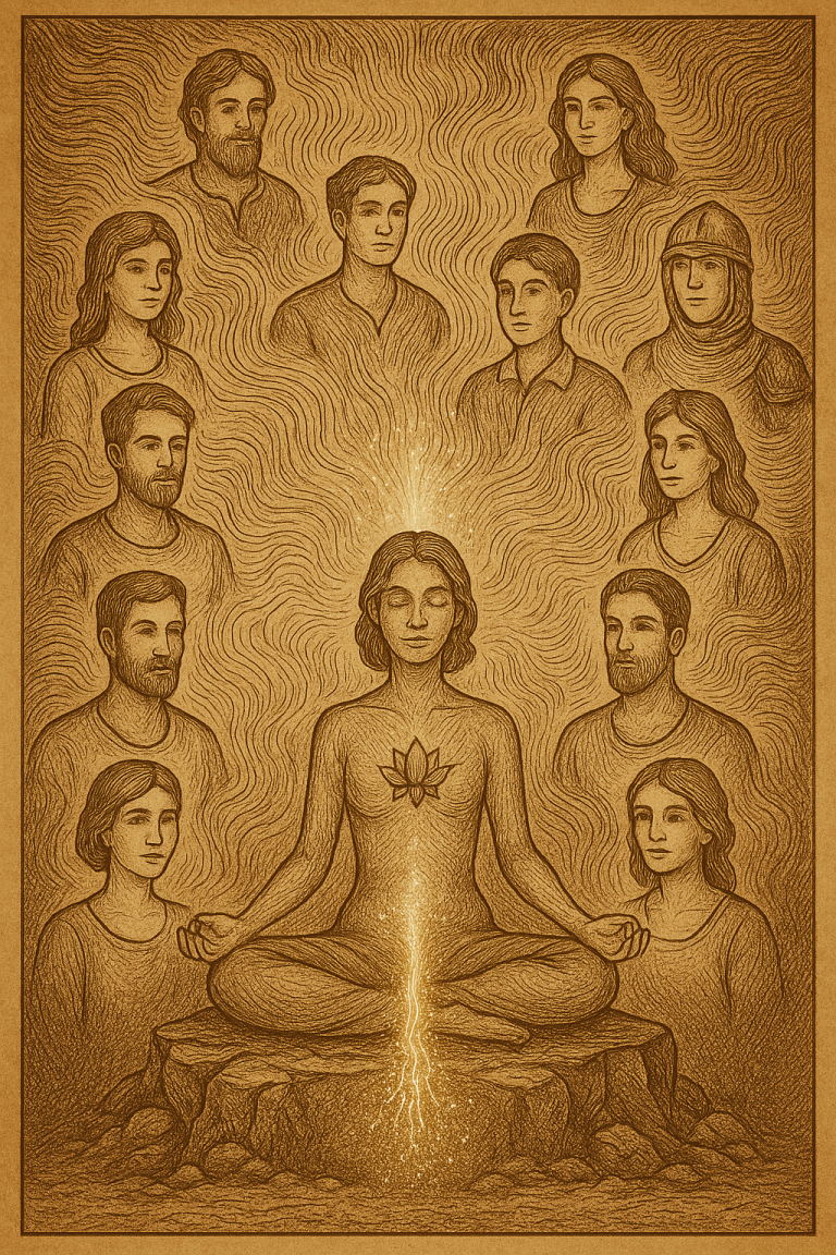 Illustration en style traditionnel montrant un méditant entouré de ses différentes vies passées, féminines et masculines, reliées à son âme par les mémoires akashiques.