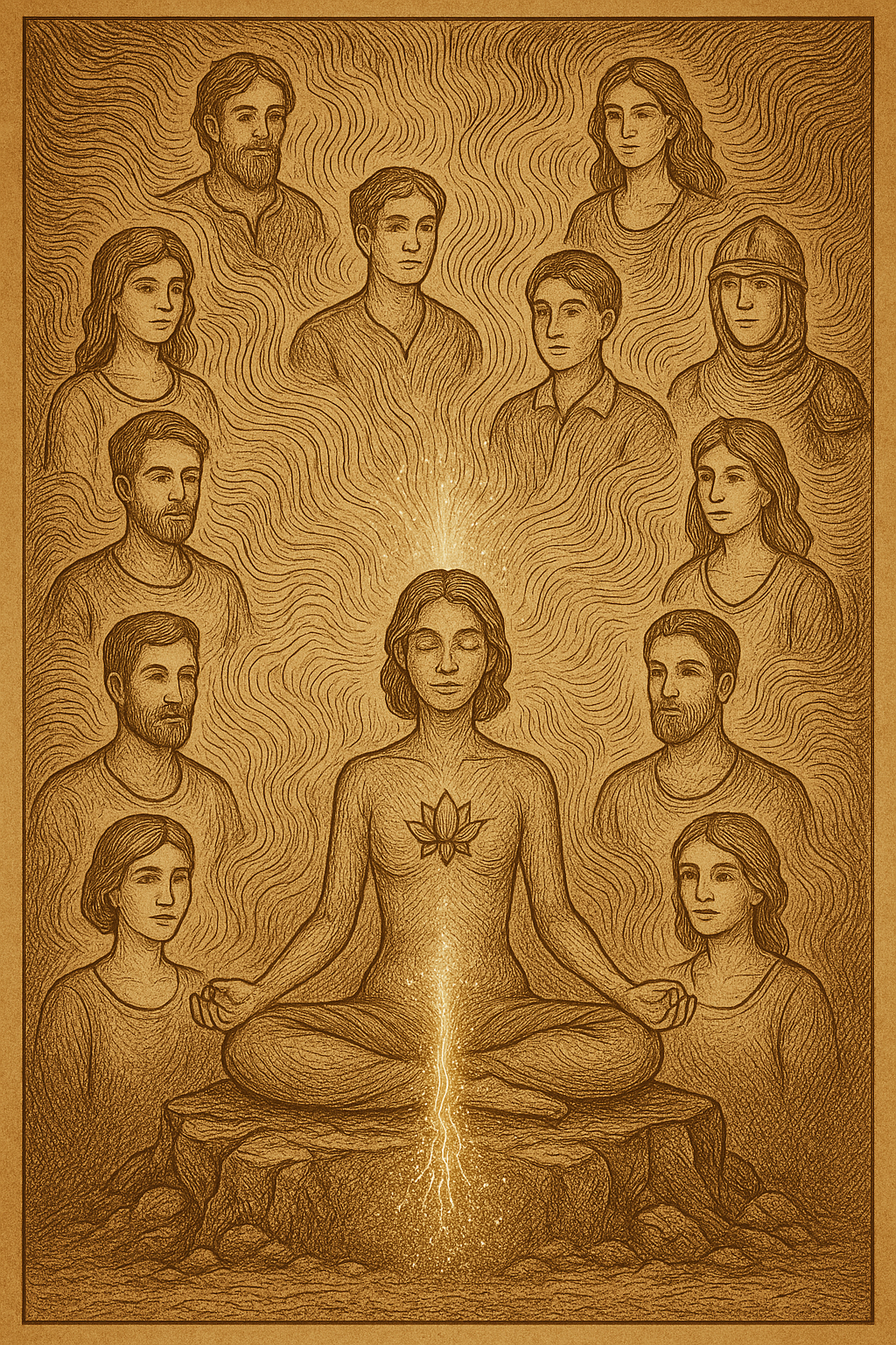 Illustration en style traditionnel montrant un méditant entouré de ses différentes vies passées, féminines et masculines, reliées à son âme par les mémoires akashiques.