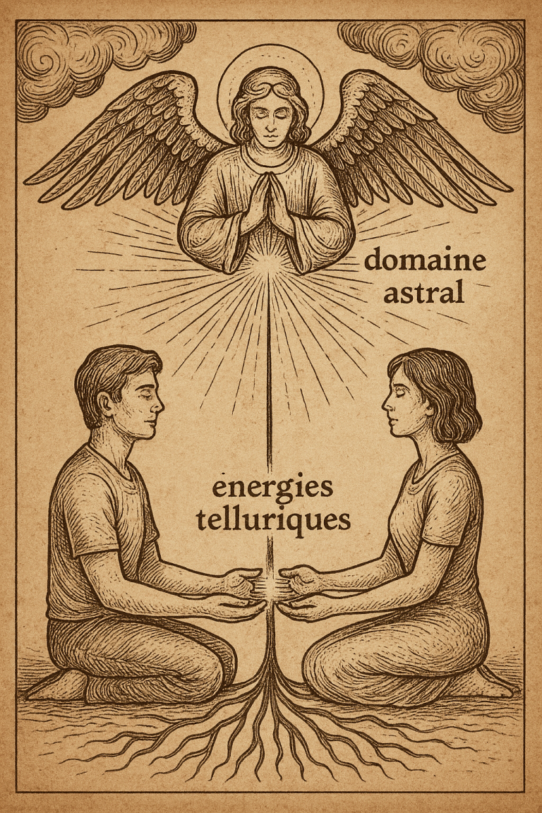 Illustration ésotérique d’un soin énergétique à distance, médié par le domaine astral et les énergies telluriques.