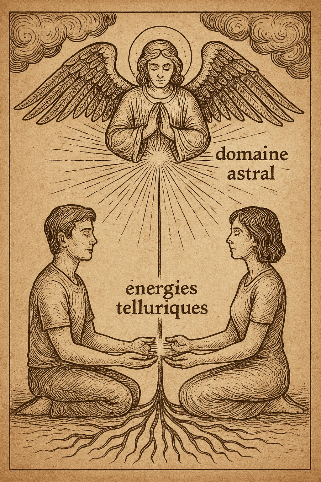 Illustration ésotérique d’un soin énergétique à distance, médié par le domaine astral et les énergies telluriques.